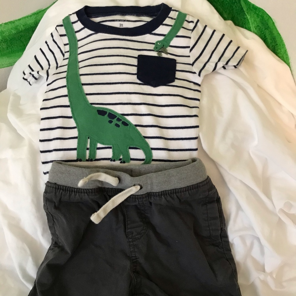Cute dinosaur Carter’s shirt with dark gray cat & Jack shorts. Size 2 T